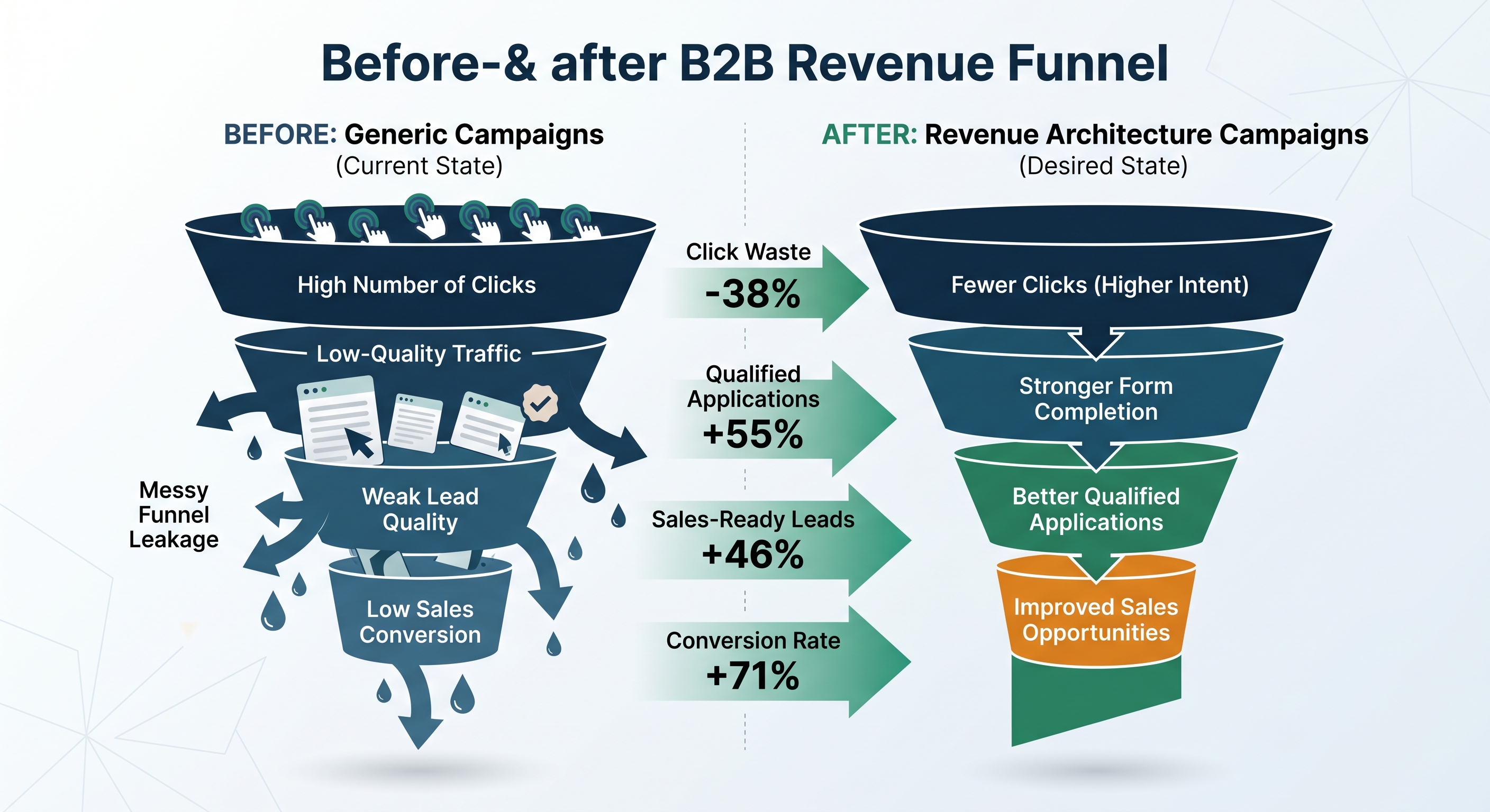 Before and after B2B revenue funnel — from generic campaigns to revenue architecture with +55% qualified applications and +71% conversion rate